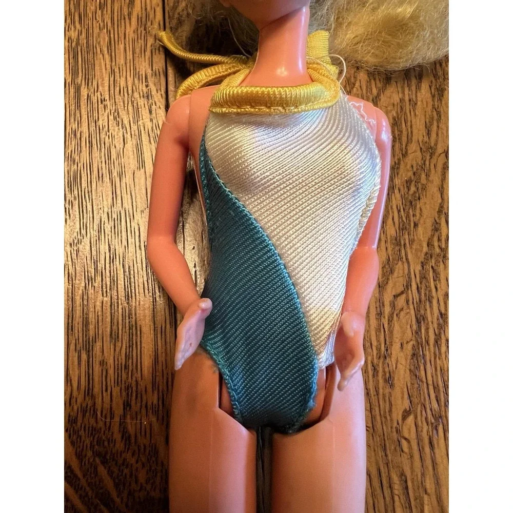 Vintage Barbie Swimsuit 1980 My First Colorblock Teal White Halter One Piece VTG